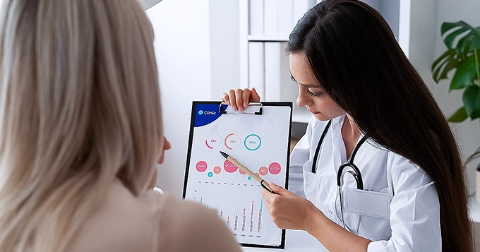 A doctor showing her patient a chart | Trainest