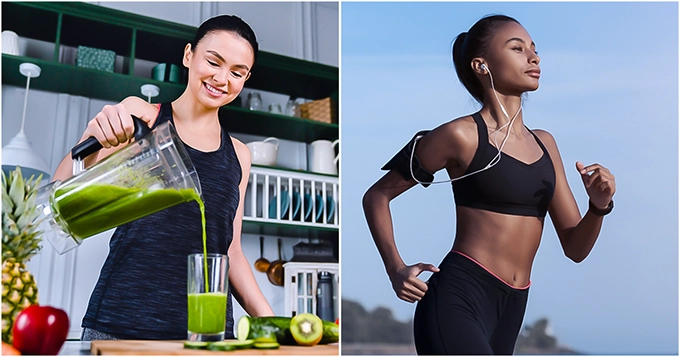 A woman making a smoothie and another exercising | Trainest 