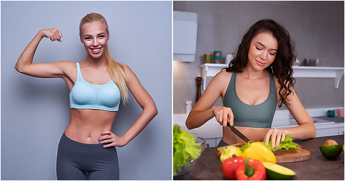 A fit woman flexing and another prepping a meal | Trainest 