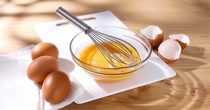 Whole eggs cracked and whisked in a bowl | Trainest 