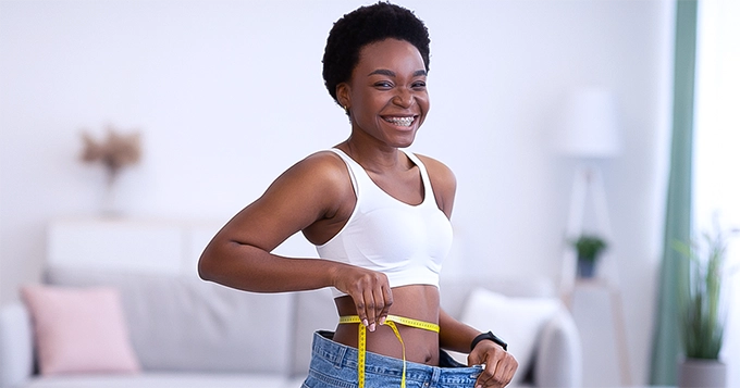 A girl looking happy while measuring her waist | Trainest 