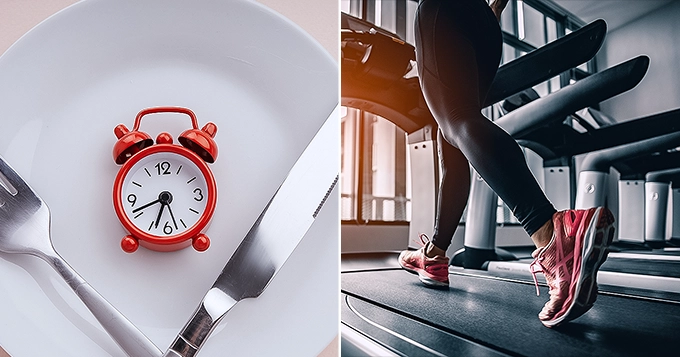 Side-by-side of a clock on a plate and a woman running on a treadmill | Trainest 