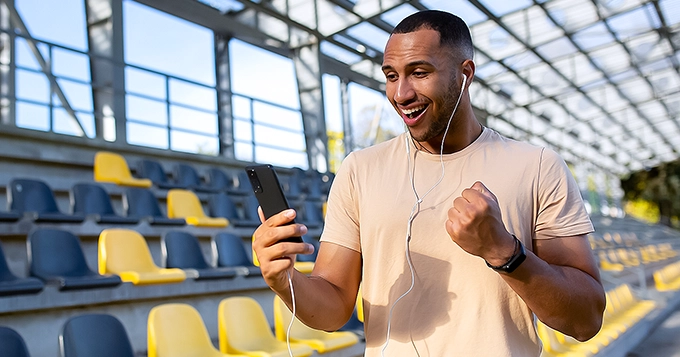 A man in workout apparel celebrating while looking at his phone | Trainest 