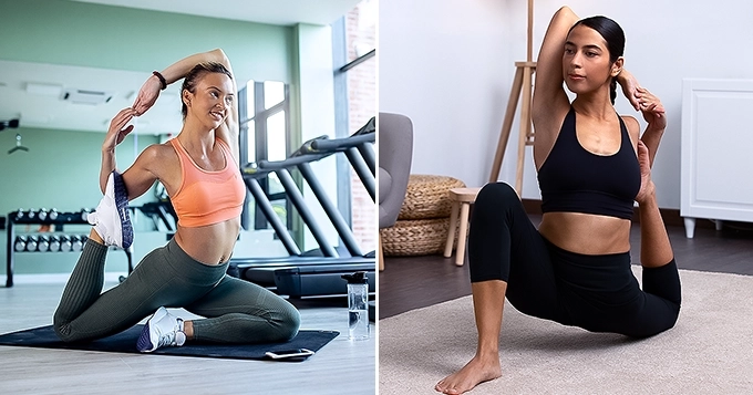 A side by side photo of a woman doing yoga stretches at home and at the gym | Trainest