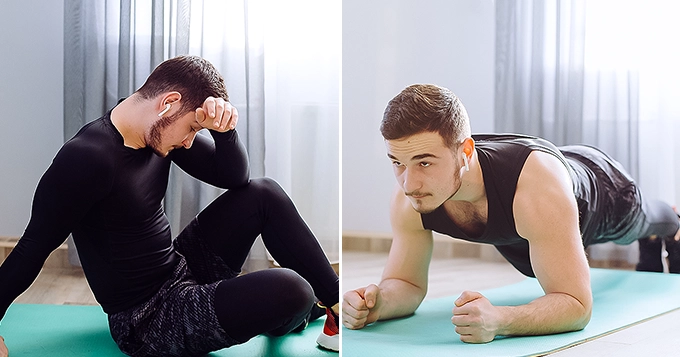 A side by side photo of a man being stressed and the other doing plank exercise while smiling | Trainest