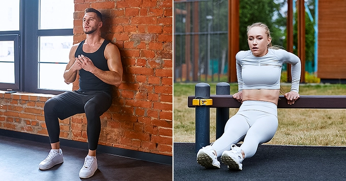 A side-by-side photo of someone doing a wall sit and another doing arm circles | Trainest