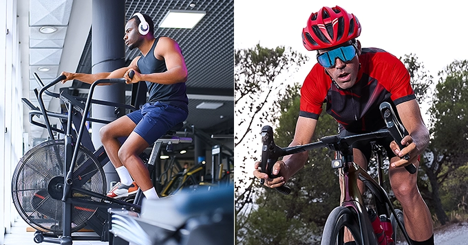 Side-by-side photo of someone cycling inside a gym and someone cycling outdoors | Trainest