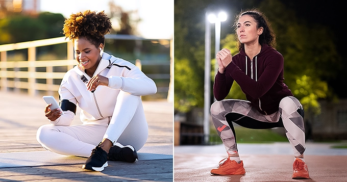 Side by side photo of someone exercising in the morning and someone exercising at night | Trainest