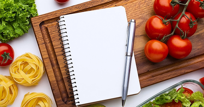 A blank journal surrounded by healthy food | Trainest