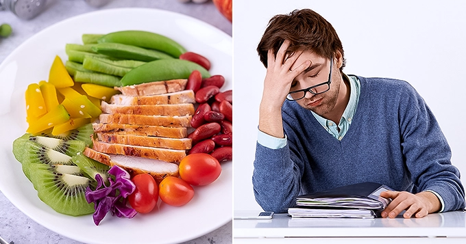 Side by side photo of a healthy nutrient-rich dish vs a tired-looking person | Trainest