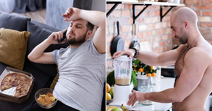 A split screen collage where one side depicts a person tempted to try on unhealthy foods while lounging lazily. On the other side could show a person preparing a healthy meal post-workout | Trainest