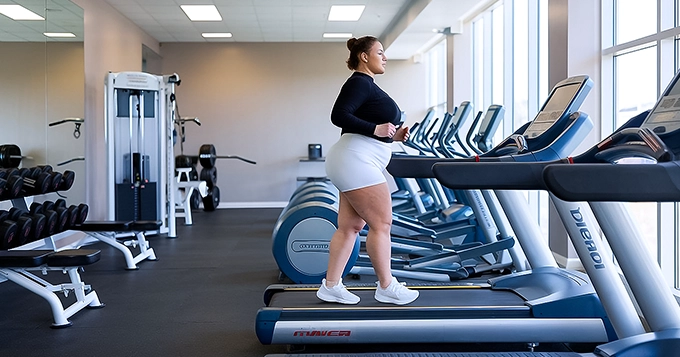 A woman in workout clothes walking on a treadmill | Trainest